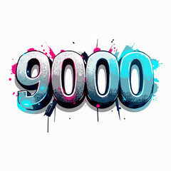 Graffiti style number 9000 with splashes of pink and blue paint on a white background spray paint