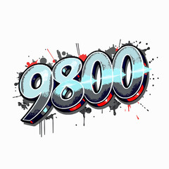 9800 graffiti number with blue and grey tones and red and black paint splatters spray paint