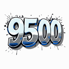 9500 graffiti number in blue and grey with black paint splatters and drips spray paint