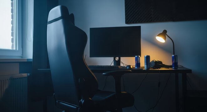 Modern gaming setup with ergonomic chair and alienware monitor in dimly lit room
