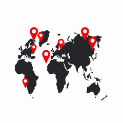 World Map Silhouette with Multiple Red Location Pins on Continents globe earth