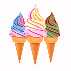 Three Colorful Swirled Ice Cream Cones in Orange Waffle Cones dessert sweet