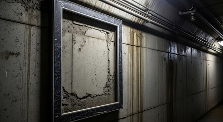 Framed Decay: Concrete Wall Art in Dark Industrial Tunnel with Water Stains
