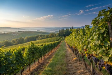 Naklejka premium Sunrise Over a Serene Vineyard With Lush Grapevines in the Countryside