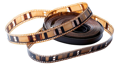Fototapeta premium Close-up of a vintage film reel strip rolled on a white background, symbolizing cinema, movie production, and photography nostalgia.