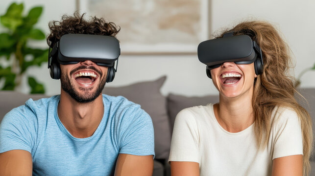 Enjoying virtual reality, friends laughing together, immersive experience, gaming fun