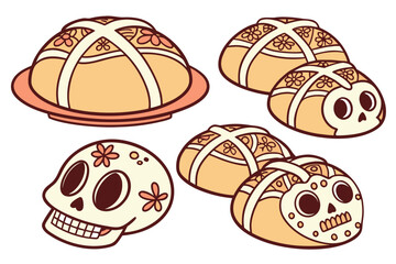 Pan de Muerto Bread Icon, Traditional Mexican Sweet Bread Vector Illustration, Día de los Muertos Food isolated on white background