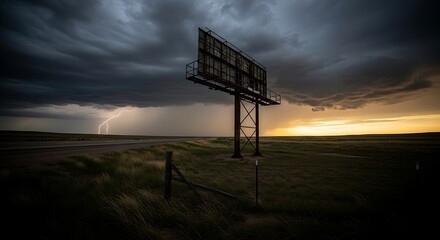 Dramatic Plains Landscape: Billboard Silhouetted Against Lightning and Sunset Sky