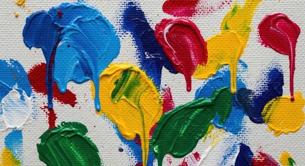 A colorful abstract painting with splashes of blue, red, yellow, and green on a white canvas.