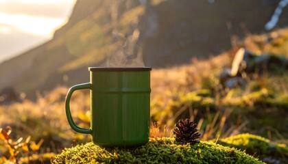 Green mug steams on moss-covered rocks; mountain backdrop in sunlight