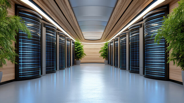 Futuristic data center with sleek servers and greenery, showcasing advanced technology