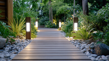 Serene garden pathway illuminated by soft lights, surrounded by lush greenery and stones