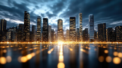 Obraz premium City skyline illuminated night with glowing lights reflecting water, creating vibrant atmosphere