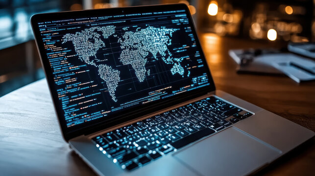 Digital world map cybersecurity laptop technology data visualization