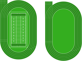 Running athletics track with soccer stadium. Top view of arena field with lines and marks. Stadium, race track, arena and field or cycling venue, field for sports competitions. Vector or png image.