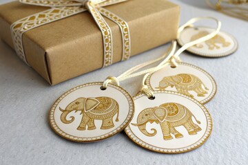 Beautifully Crafted Elephant Gift Tags With Gold Designs on a Brown Package