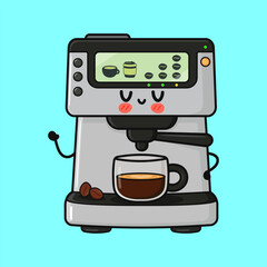 Cute kawaii coffee machine making espresso coffee