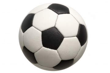 Soccer ball with classic black and white pentagonal pattern for sport, game and fitness, transparent background