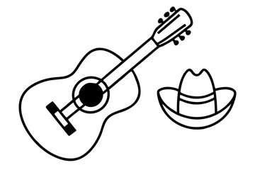 line art Mexican Guitar and Sombrero Vector Icons, Mariachi Music Elements for Día de los Muertos Celebration isolated on white background
