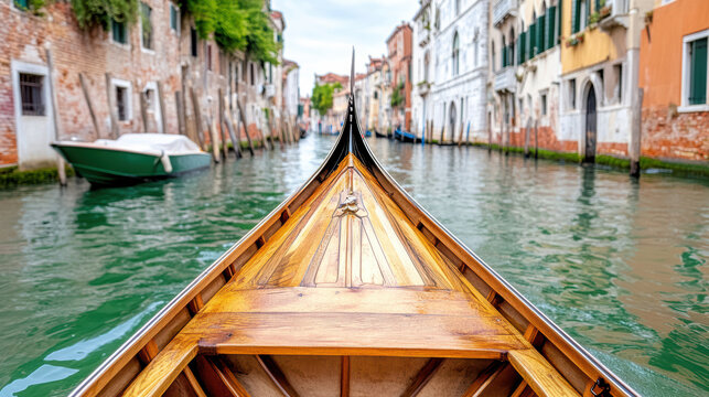 Gondola boat glides through serene Venice canal, surrounded by historic buildings