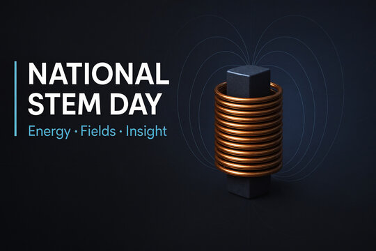 Copper electromagnetic coil around black core with text National STEM Day Energy Fields Insight on dark background, science concept.