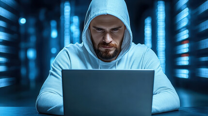 Focused hacker in hoodie working on laptop in dark server room with blue lights