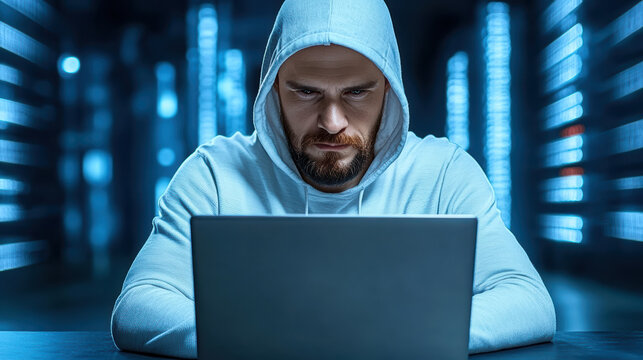 Focused hacker in hoodie working on laptop in dark server room with blue lights