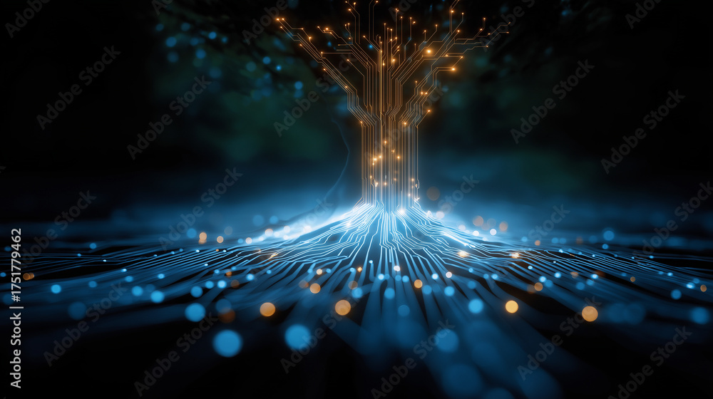 Wall mural digital ecosystem: a captivating digital illustration of a glowing tree, crafted from interconnected