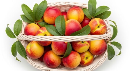 Fresh Ripe Nectarines In A Woven Basket Displayed With Green Leaves