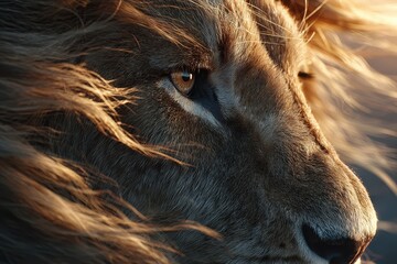 Naklejka premium Close up of a majestic lion with detailed fur and eye