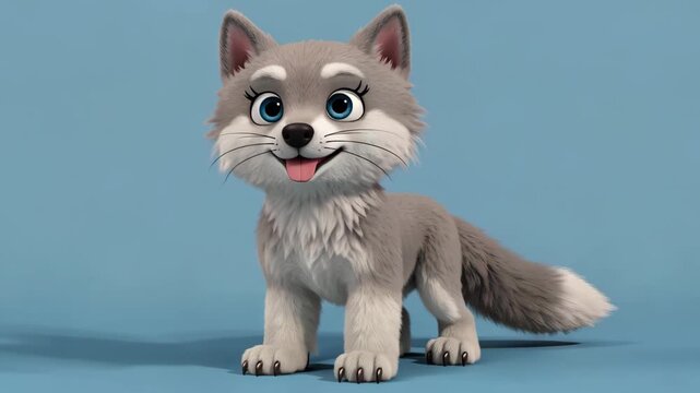 a close up of a cartoon wolf with blue eyes and a white tail