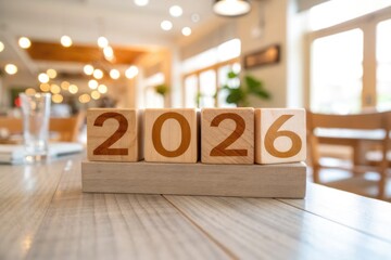 Wooden Blocks Display the Year 2026 in a Modern Cafe Setting