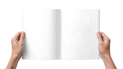 Open magazine held by hands with blank pages
