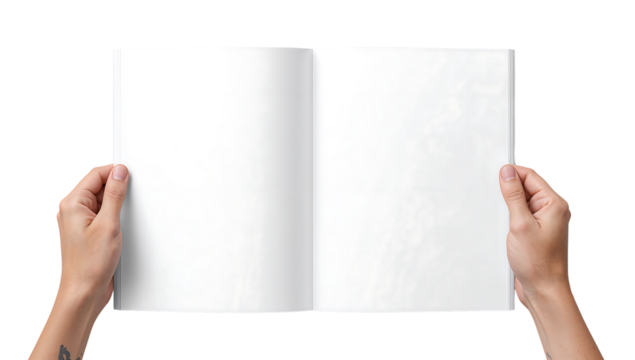 Open magazine held by hands with blank pages