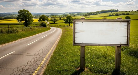 Blank Signboard on Rural Roadside with Rolling Hills and Yellow Fields