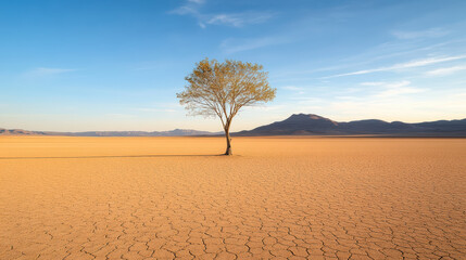 Lone tree stands vast desert landscape clear blue sky, casting long shadow cracked earth