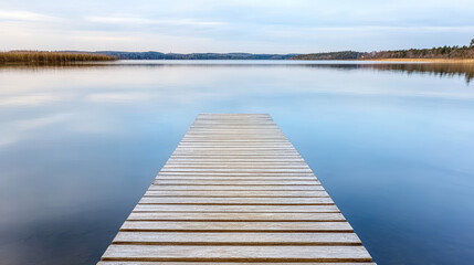 Naklejka premium Serene dock extending over calm water, reflecting tranquil landscape