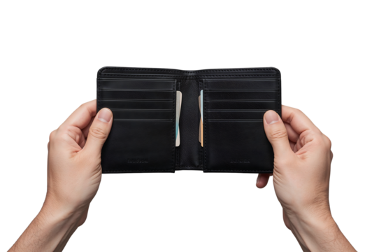 Wallet display in hands showcasing empty slots