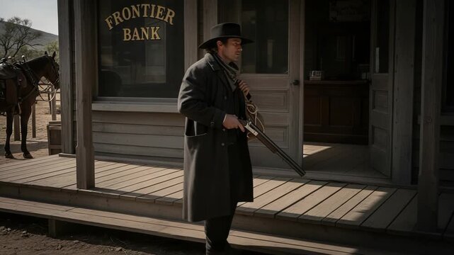 Encounter a Western outlaw at the Frontier Bank while wielding a rifle