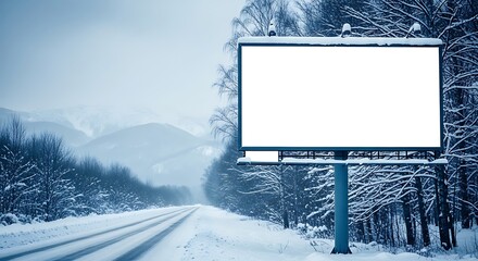Blank Billboard on Snowy Road, Winter Landscape, Copy Space, Cold Atmosphere