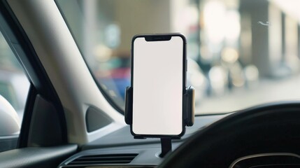 Universal mobile phone holder with white blank screen, mockup