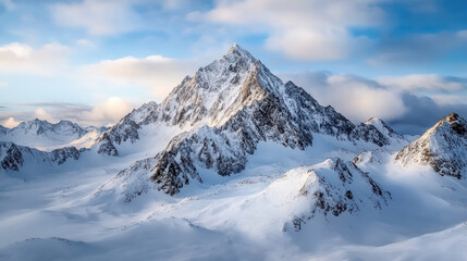 Majestic mountain range covered with snow peaks glowing under clear sky