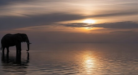 Majestic elephant walks through calm water at sunset