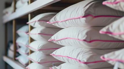 White pillows neatly stacked on a shelf for display in a store
