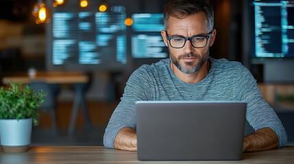 Focused man in glasses working on laptop in modern workspace with digital interface