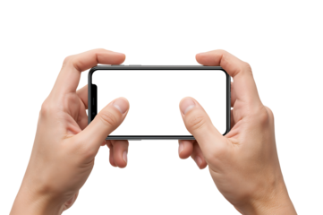 Hands holding mobile phone in landscape orientation