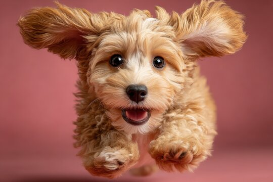 A playful puppy in mid air with flapping ears and joyful expression