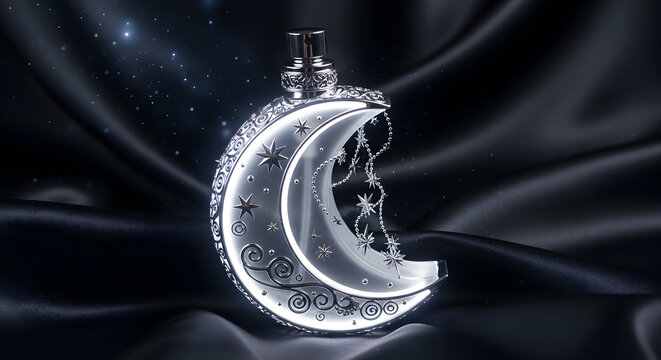 Elegant crescent moon perfume bottle sparkles against luxurious black silk - Powered by Adobe