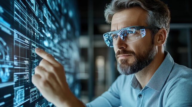 Innovative man using augmented reality glasses to interact with digital interface