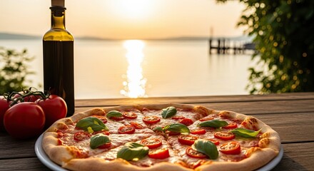 Delicious Italian Pizza by the Lake at Sunset